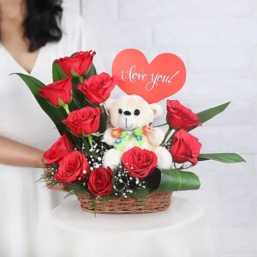 red roses arrangement with love tag teddy 6